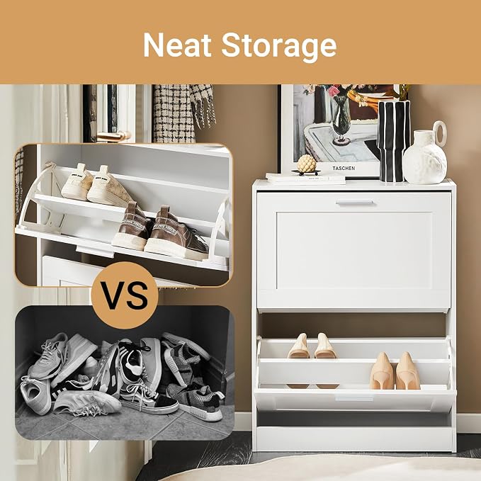 Hestiamo Entryway Flip Drawer Shoe Storage Cabinet, Narrow Size, White | 2-Tier Flip Drawer Shoe Cabinet With Dividers, Slim Freestanding Shoe Rack For Small Entryways, HUS-FSR137