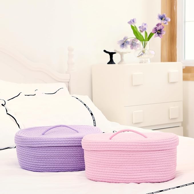 Sea Team Oval Cotton Rope Storage Basket with Lid, Lidded Woven Storage Bin, Nursery Storage Container, Diaper Caddy, Baby Shower Basket, Box, Organizer, 15 x 11 x 6.5 Inches (Medium, Pink)