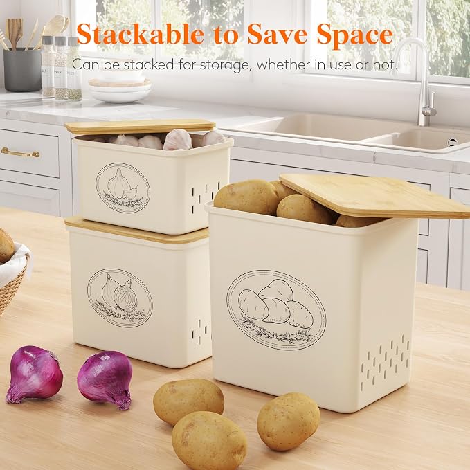 Lifewit Plastic Potato and Onion Storage Bin Box, Set of 3, Beige | Stackable Garlic Keeper, Vegetable Container Box, Aerating Holes & Lid for Pantry Countertop