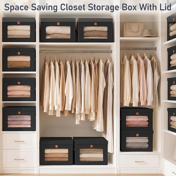 DIMJ Storage Bins with Lids - 6 Pack Front Opening Stackable Fabric Storage Boxes with Clear Window & Handles, Collapsible Closet Organizers for Clothes, Sweaters, Shelf Storage, Bedroom, Black
