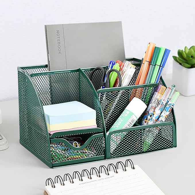 VANRA Office Supply Caddy Metal Mesh Desktop Supplies Organizer School Supply Holder Stuff Storage Organizer 6 Compartments with Drawer (Olive Green)
