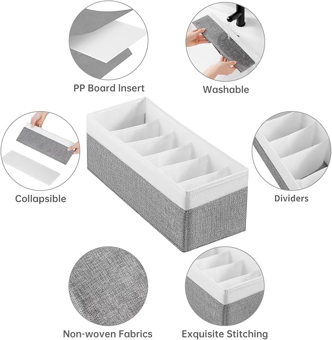 3 Packs Fabric Belt Organizer, 6 Grids Belt Organizer for Closet and Drawer, Foldable Dresser Drawer Organizers, Tie Storage -GreyWhite