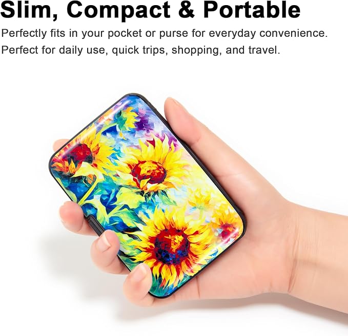 Credit Card Holder for Women Men RFID Blocking Wallet Small Business Metal Slim Mini Aluminum Hard Case (Yellow SunFlowers Painting)
