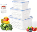 Fruit Storage Containers for Fridge, 4 in 1 Food Storage Container, Produce Storage Containers with Lid and Strainer, Including Drain Basket, Multipurpose Large Fruit Containers for Fridge-3PCS White