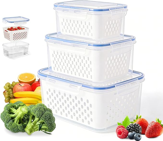 Fruit Storage Containers for Fridge, 4 in 1 Food Storage Container, Produce Storage Containers with Lid and Strainer, Including Drain Basket, Multipurpose Large Fruit Containers for Fridge-3PCS White