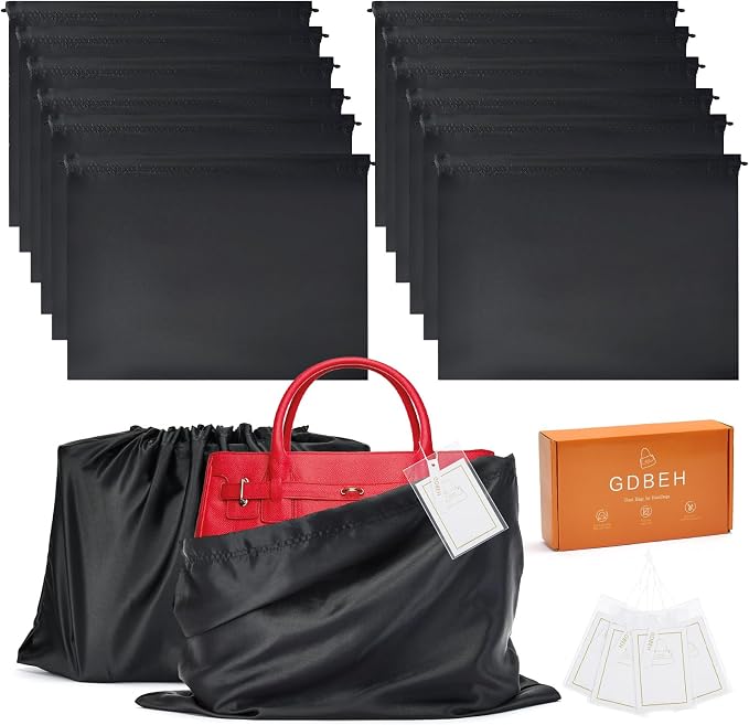 12 Pack Dust Bags for Handbags Travel Storage Pouch Silk Cloth Bag | Drawstring Large Storage Pouch for Handbag Purse Shoes Boots, Black 23.6x19.6 Inch