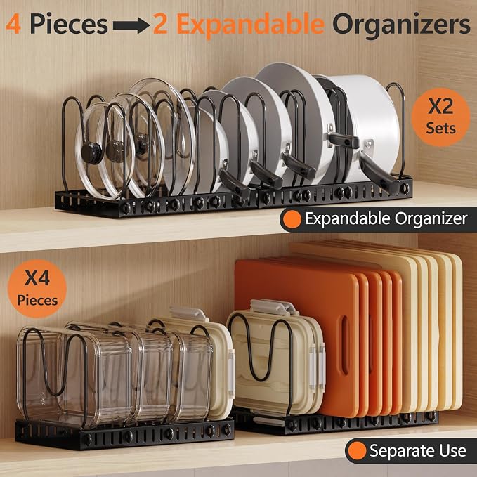 HzTinT Expandable Pots and Pans Organizer Under Cabinet, 12 Dividers | Pot Lid Organizer with Solid Steel Base, Pan Organizer with Adjustable Dividers for Pots, Pans, Cutting Boards & Bakeware.