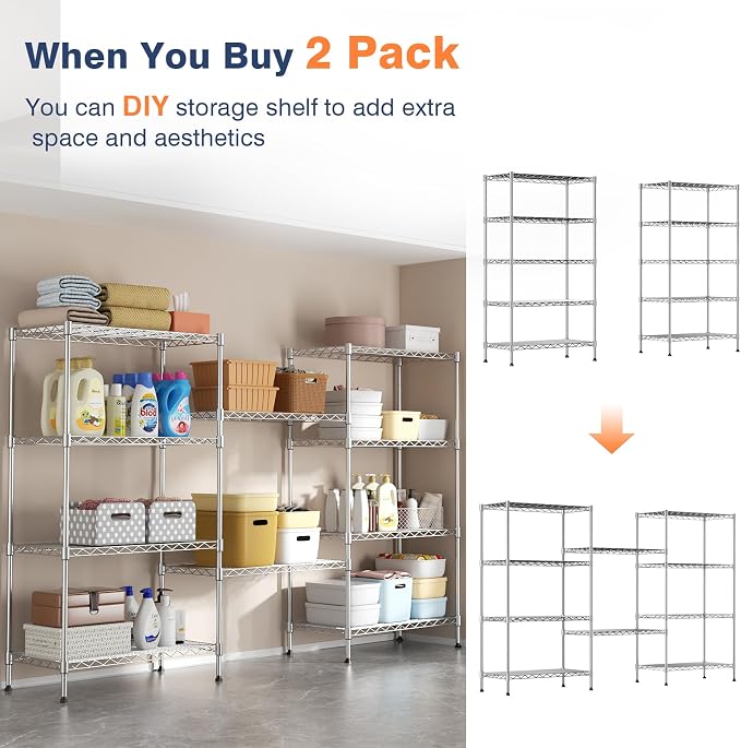 5-Tier Heavy Duty Metal Shelf,Chrome Wire Shelving Unit 35"Wx18Dx71H | Height Adjustable Storage Wire Shelves with Lockable Wheels for Garage,Kitchen,Office,Bathroom,Studio