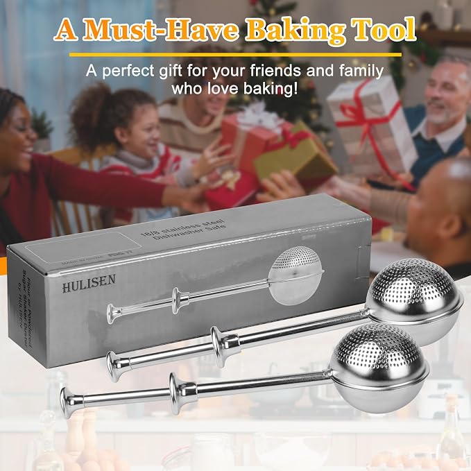 HULISEN 2-Pc Flour Duster, 304 Stainless Steel Flour Sifter for Baking | Spring-Press Handle, Dishwasher Safe, For Flour, Powdered Sugar, Fine Spices, Pick Up and Dust Flour Sifter, Gift Package