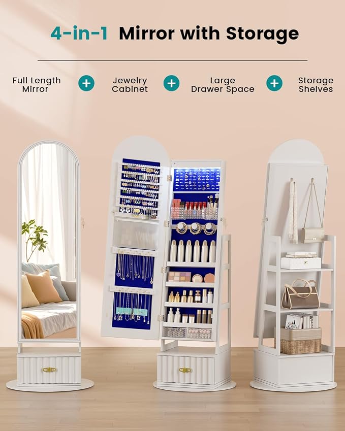 Vlsrka Arched LED Mirror Jewelry Cabinet with Full Length Mirror, White | Lockable Jewelry Armoire Cabinet, 360° Swivel Jewelry Organizer with Drawer Storage, Foldable Makeup Shelf, 2 Rear Hooks