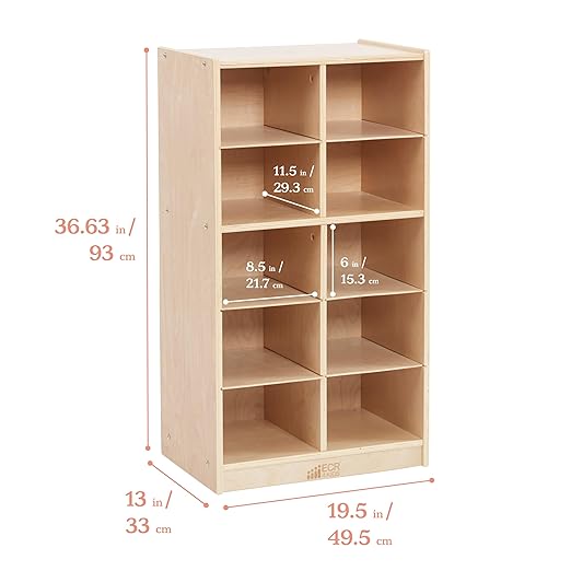 ECR4Kids 10 Cubby Tray Cabinet with Scoop Front Storage Bins, 5x2, Natural, Classroom Furniture, Clear