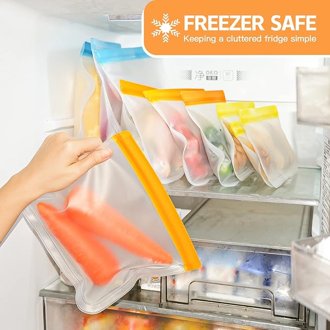 10 Pack Dishwasher Safe Reusable Bags, Silicone, Leakproof, BPA Free, Reusable Food Storage Bags for Lunch, Marinate, Freeze, Travel (Clear) - 3 Gallon, 3 Snack, 4 Sandwich