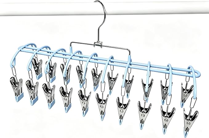 Pants Hangers with 20 Clips, Space Saving Hanging Closet Organizer (Blue) | 360°swivel & non-slip rustproof clips, multi-functional organizer holds leggings, skirts, hats, socks, scarves and lingerie