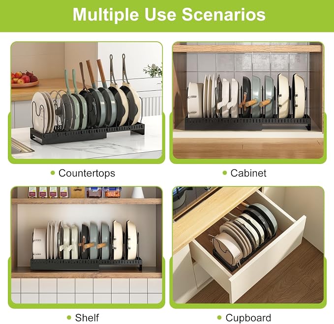 Pots and Pans Organizer Under Cabinet with Drain Board, Expandable Pot Lid Organizer inside Cabinet Holder with 10 Adjustable Compartment, Rack for Cutting Board, Sheet Pan, Cookware, Black