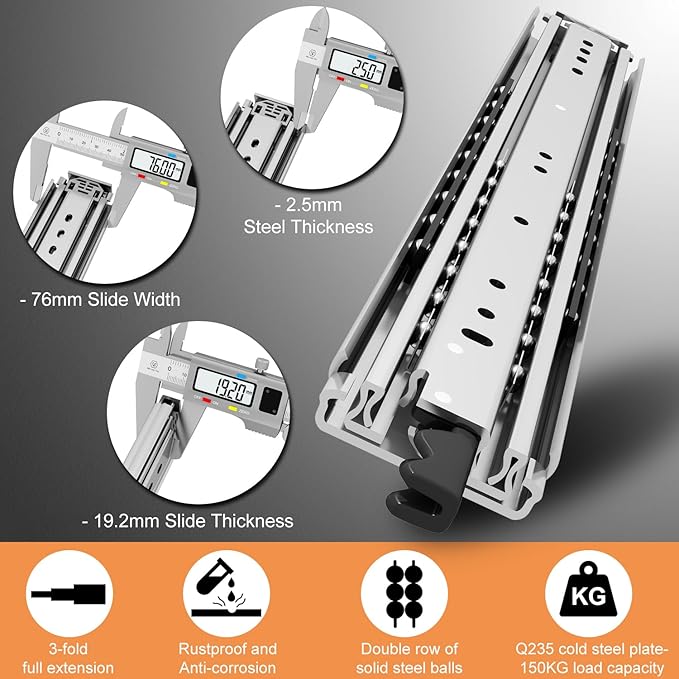 VADANIA #XD76 48" Detachable Locking Heavy Duty Drawer Slide | 3" Widening Up to 330lb Load Capacity, 3-Fold Full Extension, Ball Bearing Lock-in & Lock-Out, Side Mount, 1-Pair