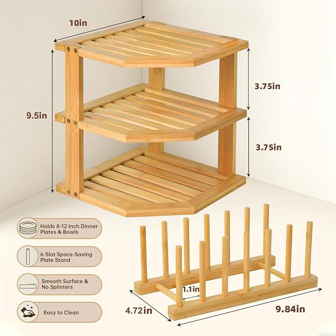 Bamboo Plate Organizer Set, 3 Tier Corner Shelf & Vertical Plate Rack,2 Set | Kitchen Cabinet Shelf,RV Countertop Dish Drying Rack,Cupboard Organizer for Plates,Bowls,Mugs,Cups,Lids,Cutting Boards