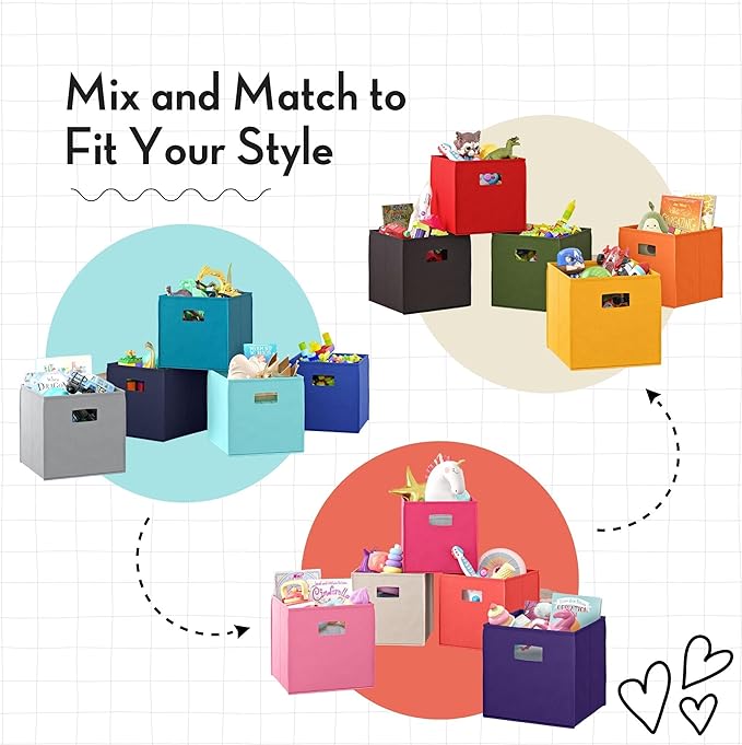 RiverRidge Folding Storage Bins - 4-pack of 10in Tall Navy Cubes | Fabric Bins, Set of 4 Storage Cubes, Cut-out Handles, Playroom Closet Organizer, Collapsible Cubby with Bottom Board Insert