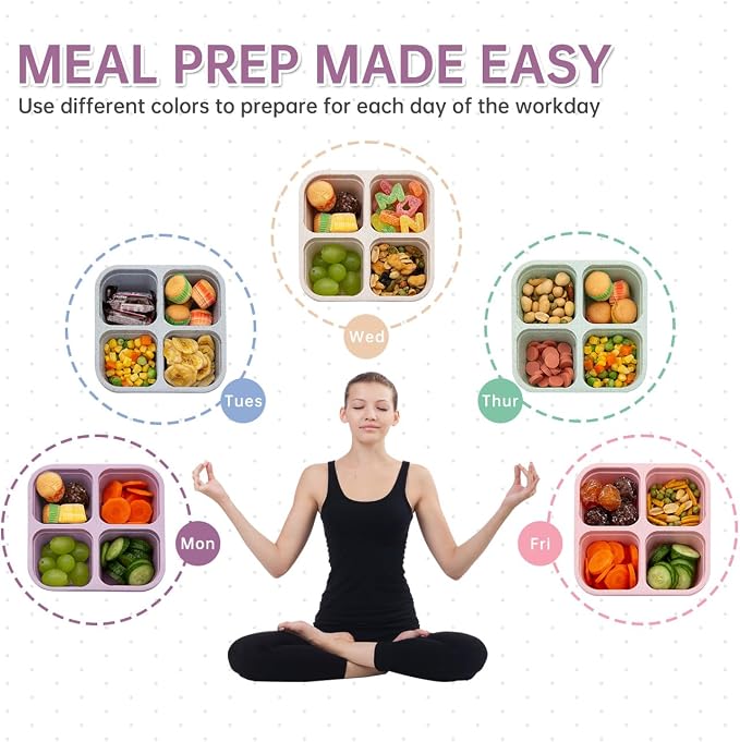 5 Pack 4 Compartment Divided Snack Bento Box, Meal Prep Containers FOR Kids/Toddle/Adults