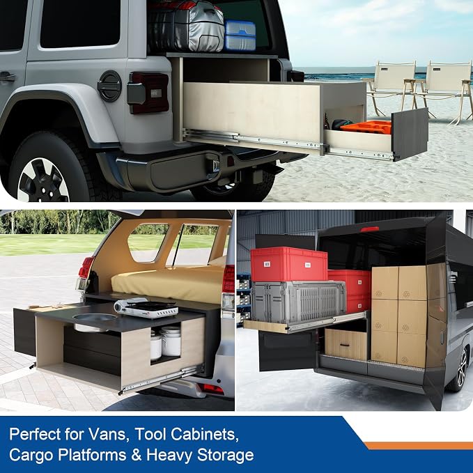 VADANIA #XD76 56" Detachable Locking Heavy Duty Drawer Slide | 3" Widening Up to 330lb Load Capacity, 3-Fold Full Extension, Ball Bearing Lock-in & Lock-Out, Side Mount, 1-Pair