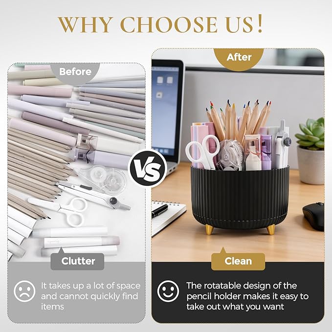 KONVINIT Pencil Pen Holder for Desk, 5 Slots 360 - Degree Rotating Desktop Organizer, Cute Desk Organizers and Accessories for School, Home, Office and Art Supply, Black