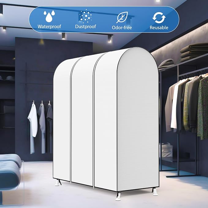 Zilink Garment Rack Cover Clothes Rack Cover Wardrobe Cover 50 in, White | Dustproof, Breathable, 2 Durable Zippers, Garment Bags Protector for Garment Rack (Rack Not Included)