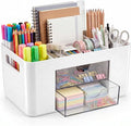 White Desk Organizer with Drawers, 4 Slots, Side Handles, Pen Holder | Desktop caddy for office supplies, makeup brushes, art & vanity | 5 compartments, 2 pull-out drawers, built-in side handles