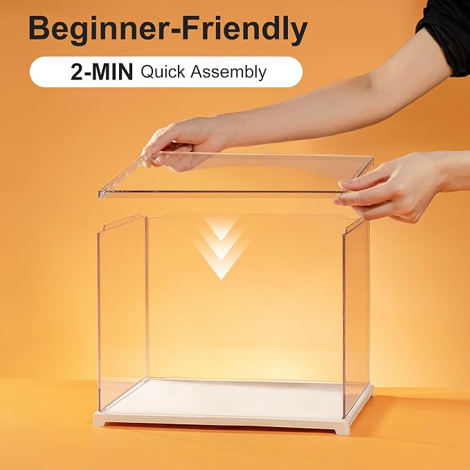 Rolife Acrylic Display Case Dust Cover for Collectibles, Dustproof Protection Showcase with White Base with Door for Mini Dollhouse, 3D Puzzles (8.8''x7.6''x6'')