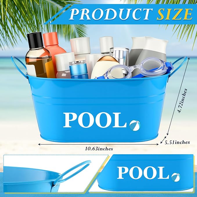 Blulu Pool Storage Bucket Metal Poolside Basket Above Ground Pool Bin Summer Basket Outdoor Storage for Sunscreen Goggles Flip Flop Spf Swimming Camping Beach Accessories Decor(Blue)