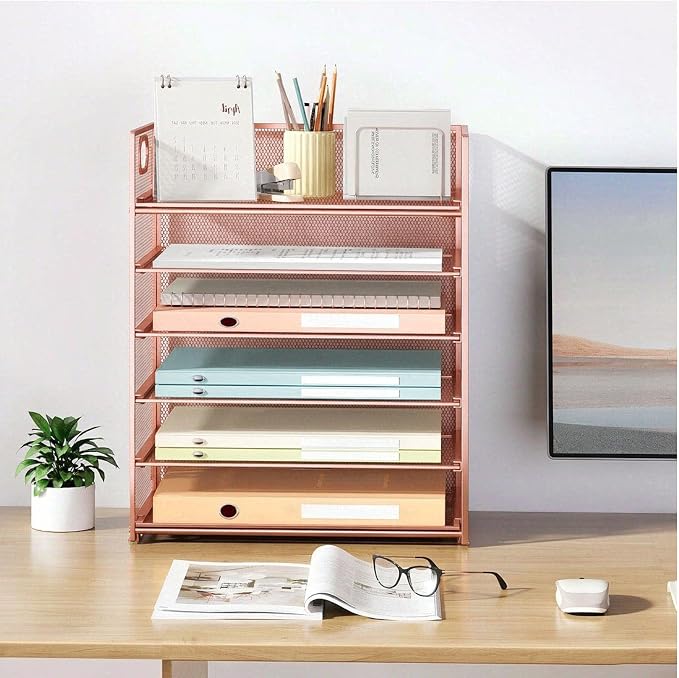 6 Trays Paper Organizer with Handle - Mesh Desk File/Letter Paper Sorter Organizer for Office, Home or School (Rose Gold)