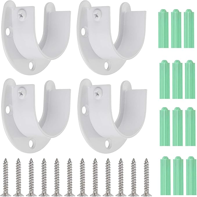 OwnMy 4 Pack Closet Rod End Supports Brackets 1-1/2" Dia Closet Rod Holders | U Shaped Stainless Steel Closet Pole Sockets, White Closet Rod Brackets Flange Rod Holders, Metal Shower Curtain Rod Holders