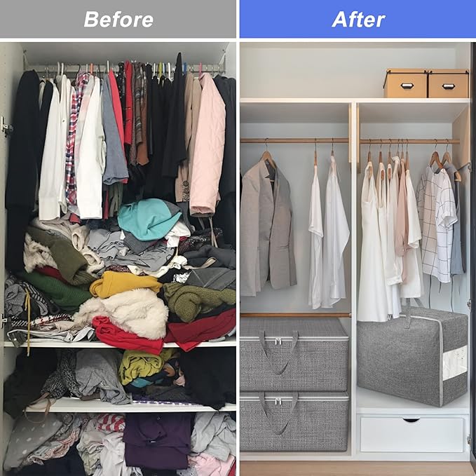 Extra Large Storage Bags, Folding Moving Comforter Blanket Storage Bags Closet Organizers and Storage Containers for Clothes with Clear Window for Bedding Pillow (Grey, 3 x 105L)