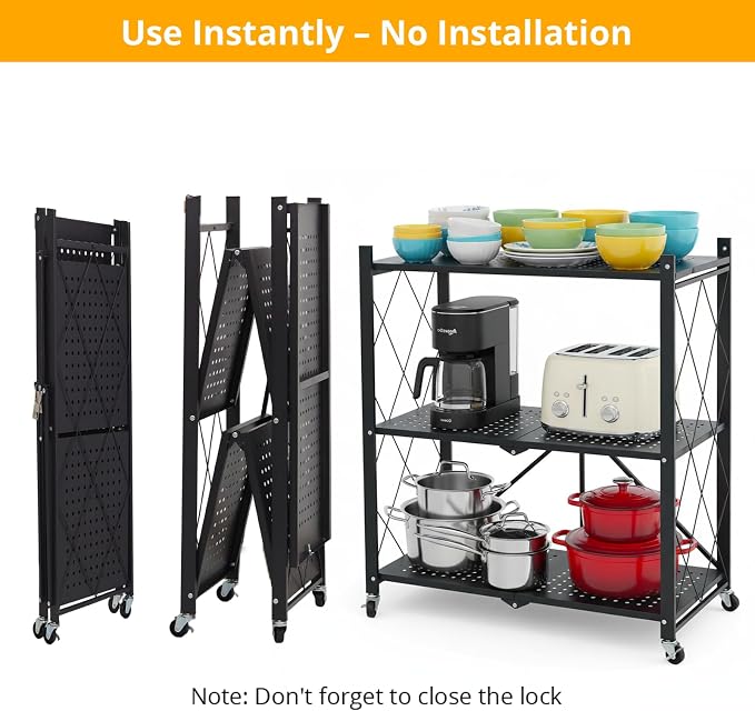 COKIHOM 3-Tier Folding Shelf, No Assembly Metal Shelving Unit with Wheels, Heavy Duty Folding Bookshelf, Space Saving Foldable Storage Shelf for Kitchen, Books, Pantry, Bathroom Organization