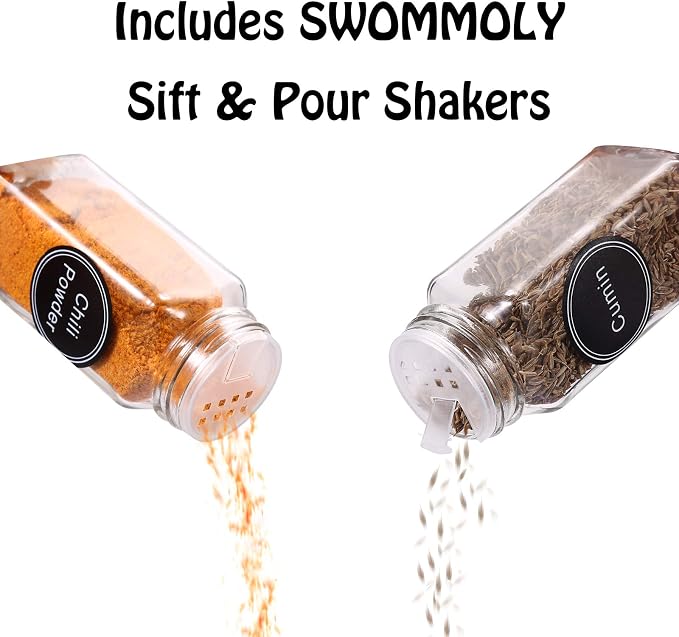 SWOMMOLY 30 Pcs Glass Spice Jars with Lids, 4oz Spice Bottles with Labels | Square Spice Containers with Shaker Lids, 703 Labels, Chalk Marker, Funnel- Seasoning Bottles for Racks, Cabinets, Drawers