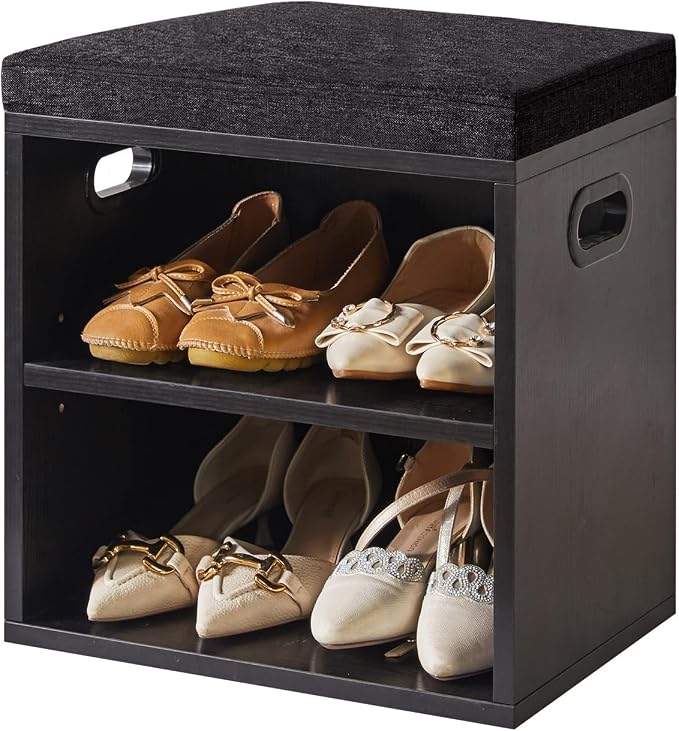YMYNY Small Shoe Storage Bench with Cushion, Black, HBD028B | 2 Tier Entryway Bench with Storage, Small Shoe Rack Bench with Adjustable Shelf for Entryway 11 x 15.3 x 16.5 Inches
