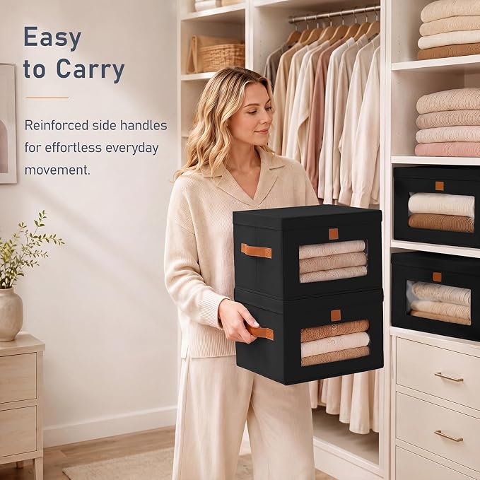 DIMJ Storage Bins with Lids - 6 Pack Front Opening Stackable Fabric Storage Boxes with Clear Window & Handles, Collapsible Closet Organizers for Clothes, Sweaters, Shelf Storage, Bedroom, Black