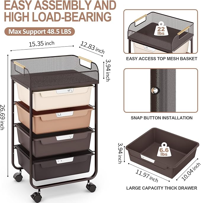 SYKIARIOL 4-Drawer Rolling Storage Cart with Mesh Top, Utility Craft Organizer Cart on Wheels with DIY Labels, Rolling Drawer Cart for Home Office Classroom Bedroom, Brown