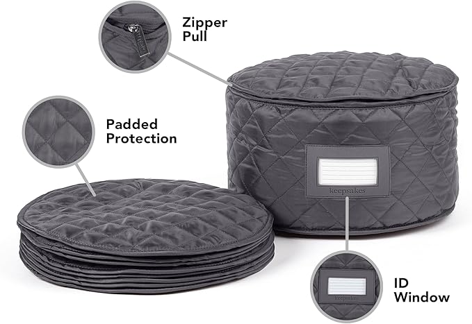 Covermates Keepsakes Dish Storage Case – Padded China & Dinnerware Organizer, Quilted Polyester Protection, ID Window, Zipper Closure, Machine Washable, Slate