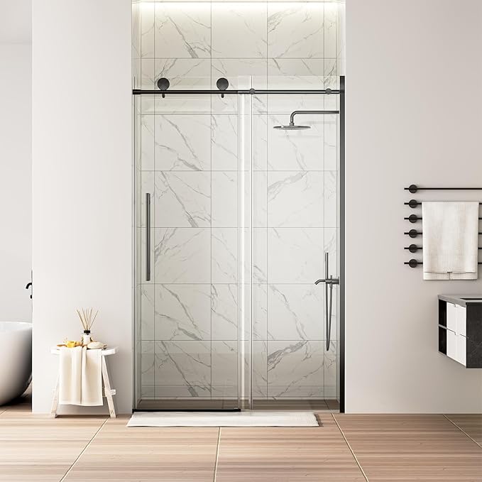WinZo Frameless Shower Door 44-48 in W x 75 in H, Sliding Shower Door with 5/16"(8mm) Clear Tempered Glass Shower Door, Easy to Clean Bathroom, Silent Soft-Close Design, Matte Black