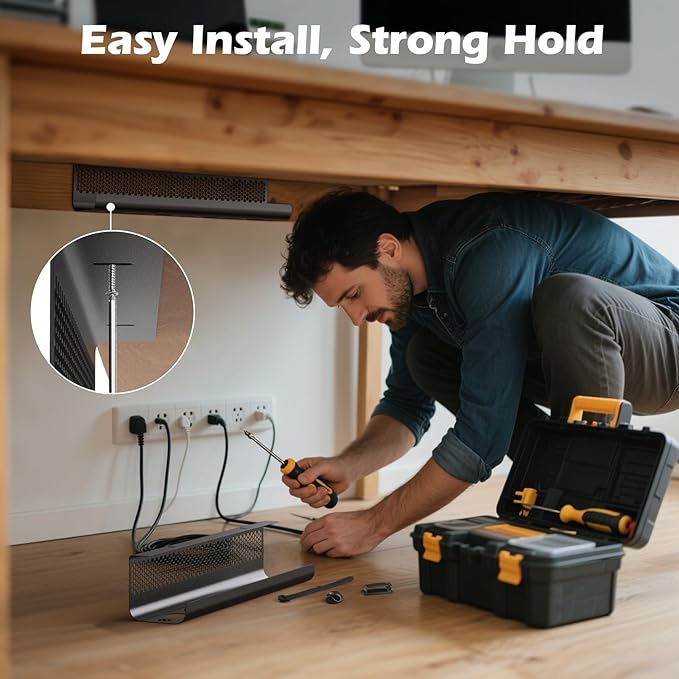 KHAMAL Cable Management Under Desk 52PCS - Cable Management Tray Kit Ventilated Hexagonal Design with Cable Clips, Wire Ties, Cord Holder & Screws for Office, Home - 4 Black Sets
