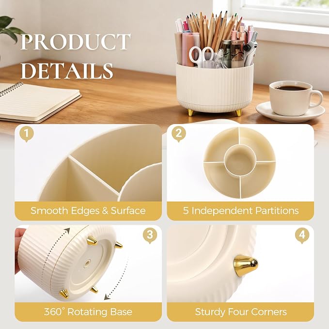 KONVINIT Pencil Pen Holder for Desk, 5 Slots 360 - Degree Rotating Desktop Organizer, Cute Desk Organizers and Accessories for School, Home, Office and Art Supply, Beige