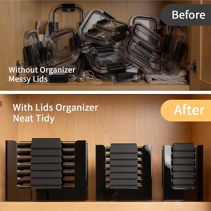 Acrylic Lid Organizer for Rubbermaid Brilliance Storage Containers,3-Piece | Acrylic Cabinet Lid Holder, Fits & Stores 24 Lids Total for 4.7-cup, 3.2-cup, and 1.3-cup Containers (Black)