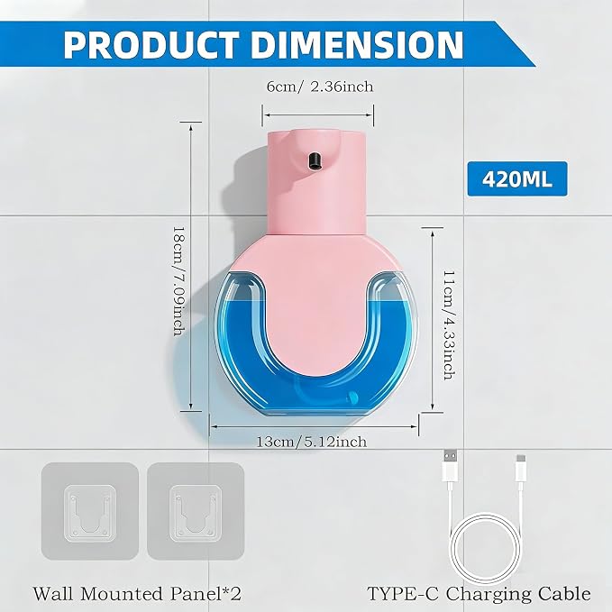 Automatic Soap Dispenser Touchless,Rechargeable Foaming Soap Dispenser,15oz/420ml Smart Hand Soap Dispensers,4-Level Adjustable,Wall Mount for Bathroom Kitchen Dish Soap,Hands-Free (Pink)