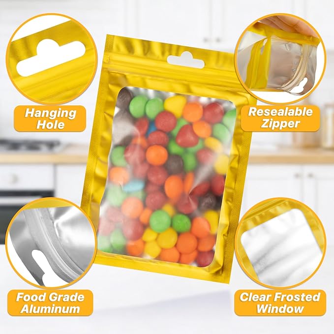 100 PCS Resealable Mylar Bags with Frosted Clear Window Packaging Bags Foil Pouch Zipper Bag for Food Self Sealing Storage Supplies (5.51x7.87, Golden)