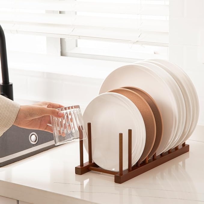 HBlife 2 Packs Teak Wooden Dish Drying Rack Kitchen Storage Plate Organizer | 8 Slots, Vertical Dish Racks for Cabinet Countertop & Wall, Plate Pot Lid Cutting Board Holder, Bowl Cup Drainer, Keep Dry