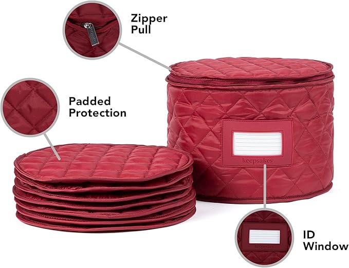 Covermates Keepsakes Dish Storage Case – Padded China & Dinnerware Organizer, Quilted Polyester Protection, ID Window, Zipper Closure, Machine Washable, Red