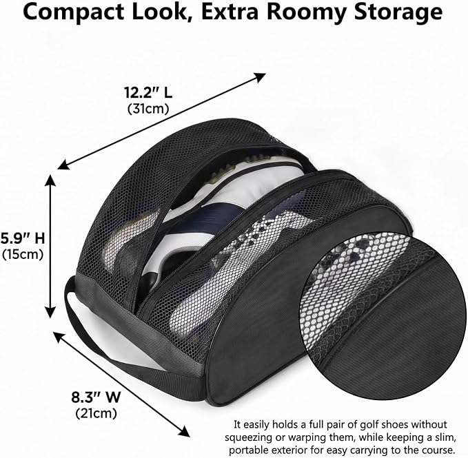 Golf Shoe Bag with Full Top Mesh Ventilation, Zippered Sports Shoe Carrier for Travel, Fits up to Size 13 Men Women (Black)