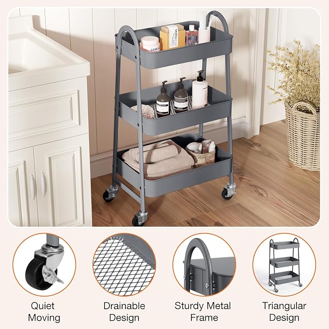 NEWBULIG 3-Tier Metal Rolling Cart with Lockable Wheels, Heavy Duty Mobile Utility Storage Shelf, Roller Book Snack Cart, Organization for Livingroom, Bathroom, Office, Grey