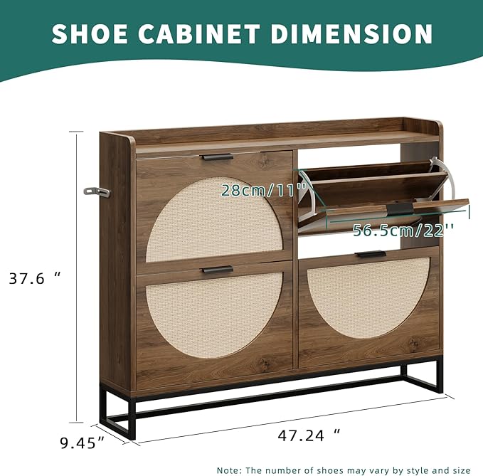 Flip Drawer Shoe Cabinet, Slim Narrow Entryway Storage Furniture with Hidden Flip-Open Organizer, Engineered Wood & Veneer Construction, Hallway Living Room Foyer, 4 Drawer, Oak
