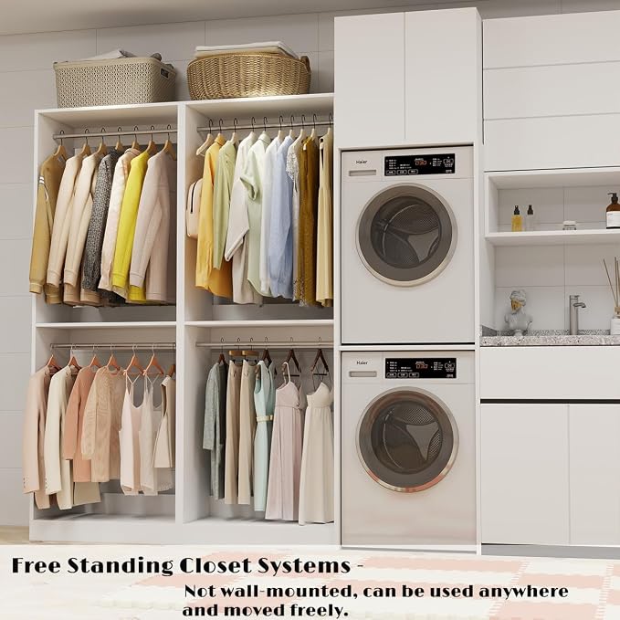 Closet System, 4FT Wood Closet Organizer System Small Walk-in Closet Freestanding Corner Closets Shelf Storage with 6 Hanging Rods, Modular Closet Systems White (4FT)