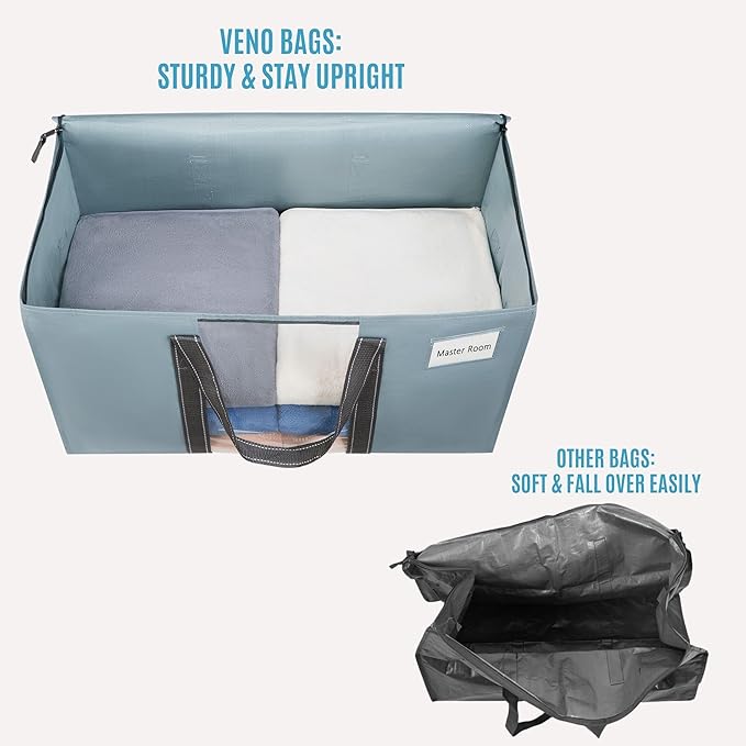 VENO 10 Pack Moving Bags with Clear Window, Heavy Duty Storage Bins with Lid, Around Handles, Tag, Zippers, Extra Large Totes Packing Moving Boxes Supplies for College Dorm Clothes (Light Blue)